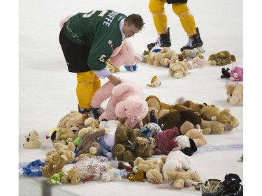 Vancouver Giants #6 Dylan Plouffee helps gather teddy bears tossed on the ice during the annual Teddy Bear Toss! after the Vancouver Giants scored on the Victoria Royals in a regular season WHL hockey game at the Pacific Coliseum, Vancouver,  December 08 2018.