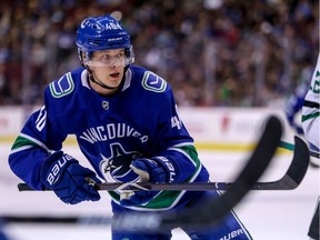 Elias Pettersson plays the puck during second period NHL hockey action against the Dallas Stars, in Vancouver on Dec. 1, 2018.