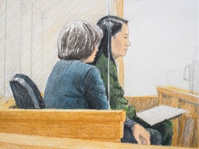 In this courtroom sketch, Meng Wanzhou, back right, the chief financial officer of Huawei Technologies, sits beside a translator during a bail hearing at B.C. Supreme Court in Vancouver, on Friday December 7, 2018.
