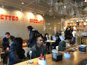A cheerful and bright interior, music, friendly service, fun food and crowds are par for the course at Chewie's Biscuit Company on West Fourth Avenue in Vancouver.