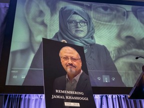 A video image of Hatice Cengiz, fiancee of slain Saudi journalist Jamal Khashoggi, is played during an event to remember Khashoggi, in Washington.