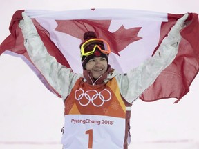 Canadian Mikael Kingsbury celebrates winning his gold medal at the moguls finals at the Phoenix Snow Park at the Pyeongchang Winter Olympics in South Korea, Feb. 12, 2018. Kingsbury has won the 2018 Lou Marsh Trophy as Canada’s athlete of the year.