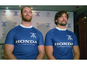 Toronto Arrows players Mike Sheppard, left, and Lucas Rumball pose during a press conference in Toronto on Tuesday, Dec. 11, 2018. The Toronto Arrows open their inaugural Major League Rugby season in January, joining the second-year pro North American circuit.