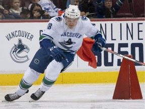 Jake Virtanen competes in the fastest-skater contest during the Vancouver Canucks' Super Skills Contest at Rogers Arena in Vancouver on Dec. 2.