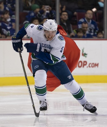 Derrick Pouliot #5 of the Vancouver Canucks competes in the fastest skater contest during the Vancouver Canucks Super Skills Contest at Rogers Arena in Vancouver, BC, December, 2, 2018.