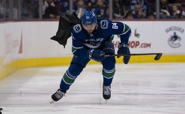 Tyler Motte #64 of the Vancouver Canucks competes in the fastest skater contest during the Vancouver Canucks Super Skills Contest at Rogers Arena in Vancouver, BC, December, 2, 2018.