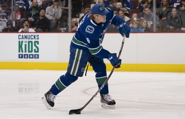 Brock Boeser #6 of the Vancouver Canucks shoots the puck while competing in the accuracy contest during the Vancouver Canucks Super Skills Contest at Rogers Arena in Vancouver, BC, December, 2, 2018.