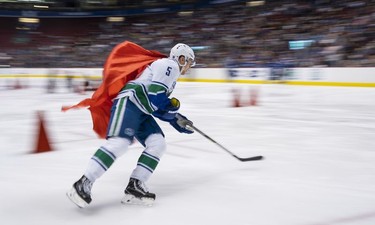 Derrick Pouliot #5 of the Vancouver Canucks competes in the fastest skater contest during the Vancouver Canucks Super Skills Contest at Rogers Arena in Vancouver, BC, December, 2, 2018.
