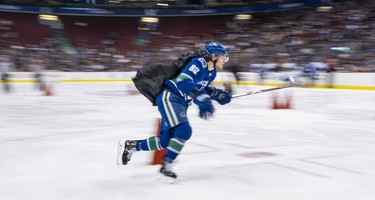 Adam Gaudette #88 of the Vancouver Canucks competes in the fastest skater contest during the Vancouver Canucks Super Skills Contest at Rogers Arena in Vancouver, BC, December, 2, 2018.