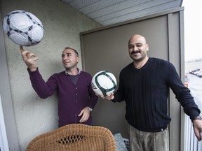 Thaer Harba ,left, and Shedwan Herba, who are Syrian refugees, feel a sense of community with their soccer team in Victoria.