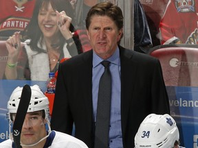 Head coach Mike Babcock of the Toronto Maple Leafs looks on during third period action against the Florida Panthers at the BB&T Center on Jan. 18, 2019 in Sunrise, Florida. (Joel Auerbach/Getty Images)