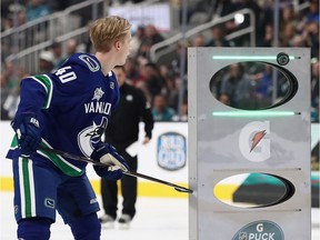 Elias Pettersson competes in the Gatorade NHL Puck Control during the 2019 SAP NHL All-Star Skills at SAP Center on January 25, 2019 in San Jose, California.