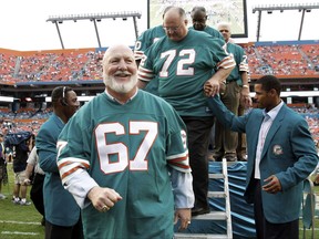 In this Dec. 16, 2007, file photo, players from the 1972 Miami Dolphins team, including guard Bob Kuechenberg (67) and defensive tackle Bob Heinz (72), walk off the stage following a ceremony honouring the team at a football game against the Baltimore Ravens at Dolphin Stadium in Miami. (AP Photo/Lynne Sladky, File)