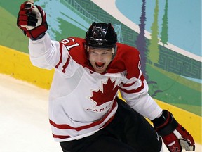 Canada's Rick Nash celebrates his first period goal against Russia in men's hockey game at the 2010 Olympics in Vancouver.