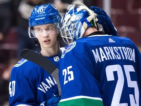 Vancouver Canucks' Elias Pettersson and goalie Jacob Markstrom celebrate Vancouver's 5-1 win over the Philadelphia Flyers on Dec. 15, 2018.