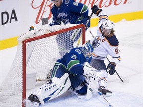 Connor McDavid is stopped by Jacob Markstrom on Wednesday.