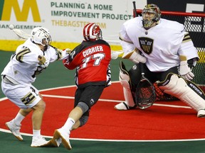 Warriors goalie Aaron Bold in action against the Calgary Roughnecks during the season opener on Dec. 15.