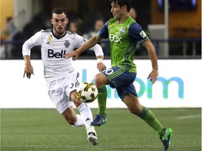 Vancouver Whitecaps midfielder Russell Teibert (left) figures to be one of the few returning first-team Caps in 2019 when they take on Nicolas Lodeiro and his arch-rival Seattle Sounders in the first of two regular-season meetings on March 30 at B.C. Place.