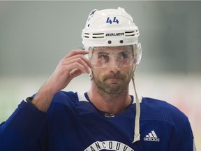 Erik Gudbranson, seen here at Canucks training camp in 2018, is now with his third team inside eight months.