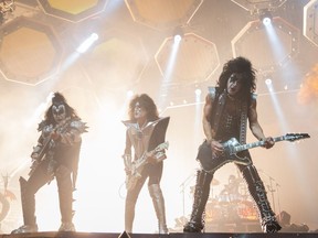 (from left) Gene Simmons, Tommy Thayer and Paul Stanley of KISS perform during the first show of the The Final Tour Ever - Kiss End Of The Road World Tour in Vancouver, BC, January, 31, 2019.