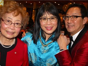 UBC LUNAR NEW YEAR DINNER Pic 1. UBC President Santa Ono and his wife Wendy Yip, and mother-in-law Alice Yip fronted the university's annual Lunar New Year celebrations. Pic credit: Fred Lee. For 0203 col fred lee [PNG Merlin Archive]