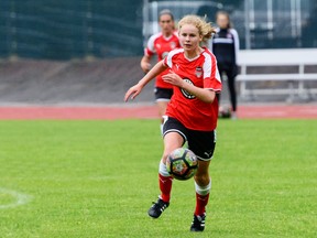 Kathleen Aitchison, of the TSS FC Rovers, competes in a match against Victoria Selects at Swangard Stadium in Burnaby. Aitchison is preparing to play for the University of Nebraska for the next four years.