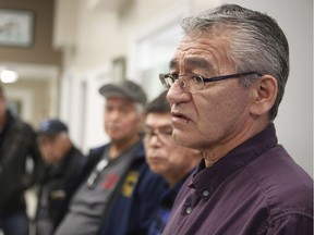Hereditary Chief NaMoks is joined by fellow chiefs as he speaks to the media after their meeting with the RCMP and Coastal GasLink to discuss ways of ending the pipeline impasse at the office of the Wet'suwet'en First Nation in Smithers on Jan.10.