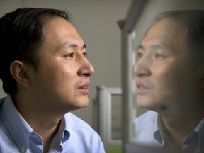 In this Oct. 10, 2018, file photo, He Jiankui is reflected in a glass panel as he works at a computer at a laboratory in Shenzhen in southern China's Guangdong province.