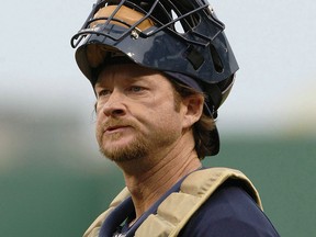 Milwaukee Brewers catcher Gregg Zaun pauses during a game against the Pittsburgh Pirates in Pittsburgh on April 20, 2010. (THE CANADIAN PRESS/AP, Keith Srakocic)