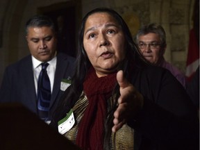 Judy Wilson, Chief of Neskonlith Indian Band and Executive Member of the Union of B.C. Indian Chiefs speaks during a press conference on the impact of Bill C-58 on Indigenous communities, in the Foyer of the House of Commons on Parliament Hill in Ottawa on December 4, 2017.