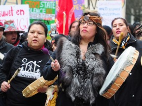 Hornby Street blocked during an Indigenous-led march to Victory Square in support of the Wet'suwet'en, who have set up of a checkpoint and camp in opposition to the TransCanada Coastal GasLink pipeline, in Vancouver, BC., January 8, 2019.
