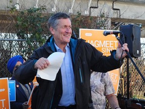 Svend Robinson addresses supporters on Sunday as NDP Leader Jagmeet Singh opens his campaign office following the announcement of the upcoming Burnaby South byelection.