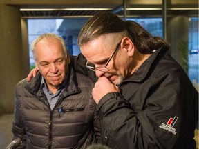 Wade Skiffington, 52 (at right, seen with his father) is released from custody at B.C. Supreme Court in Vancouver on Wednesday, Jan. 23, 2019. Skiffington was found guilty in 2001 of the second-degree murder of Wanda Martin following an undercover police operation in which he confessed to fatally shooting her. In June last year, the federal justice minister ordered an investigation into the case after a preliminary assessment found that there may have been a miscarriage of justice.