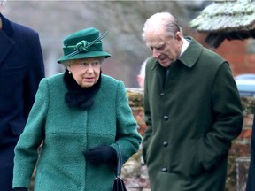 Queen Elizabeth II, accompanied by Prince Philip, attends the morning service at St. Lawrence Church in Castle Rising, Norfolk.