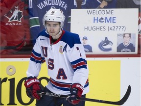 Quinn Hughes skates during the warm up prior to playing against Team Russia in  a 2019 IIHF World Junior Championship semi-final hockey game at Rogers Arena in Vancouver.