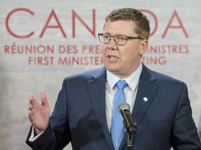 Saskatchewan Premier Scott Moe speaks to the media at the First Ministers conference Friday, December 7, 2018 in Montreal.