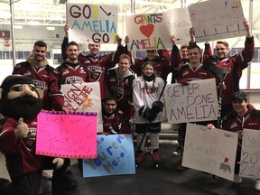 Amelia Tolonics, 10, has become a mainstay at Vancouver Giants games, and brings signs to celebrate all the players. She had her first hockey practice Saturday and several Giants players returned the favour, showing up with their own signs to cheer her on.