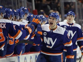 Mathew Barzal of the New York Islanders, shown celebrating his goal against the Edmonton Oilers on Feb. 16, will be at Rogers Arena tonight to face the Canucks.