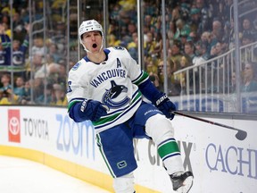 Antoine Roussel celebrates after he scored a goal against the San Jose Sharks at SAP Center on February 16, 2019 in San Jose, California.