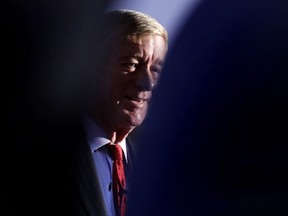 Former Massachusetts Gov. William Weld listens to guests during a New England Council 'Politics & Eggs' breakfast in Bedford, N.H., Friday, Feb. 15, 2019.