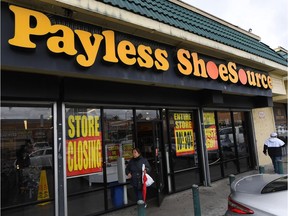 Customers leave a Payless Shoes store in Los Angeles on Feb. 17, 2019, after the company announced it will close all of its locations in Canada, the United States and Puerto Rico by May.