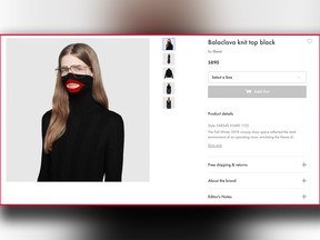 A screenshot taken on Thursday Feb. 7, 2019 from an online fashion outlet showing a Gucci turtleneck black wool balaclava sweater for sale, that they recently pulled from its online and physical stores.