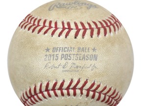 The baseball that outfielder Jose Bautista hit in the seventh inning of the Toronto Blue Jays wild win over the Texas Rangers in the 2015 American League Division Series, is shown in a handout photo. CANADIAN PRESS/HO-Lelands.com