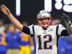 Tom Brady of the New England Patriots celebrates after winning Super Bowl LIII against the Los Angeles Rams at Mercedes-Benz Stadium on February 3, 2019 in Atlanta.