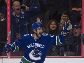 Sven Baertschi celebrates his goal against the Buffalo Sabres on Jan. 18.