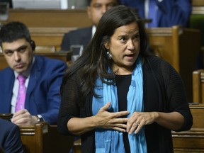 Liberal MP Jody Wilson-Raybould speaks in the House of Commons on Parliament Hill in Ottawa on Feb. 20, 2019 — but not about the SNC-Lavalin case enveloping the Liberal government.