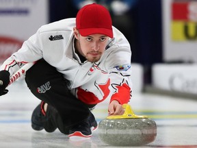 Canada skip Tyler Tardi releases a rock during the World Junior Curling Championships in Liverpool, N.S. in this undated handout photo.