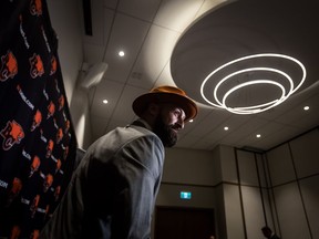 B.C. Lions quarterback Mike Reilly attends a Tuesday news conference in Surrey after signing a four-year contract with the CFL team.