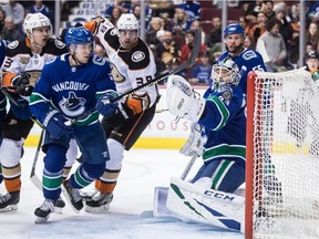 Vancouver Canucks goalie Jacob Markstrom makes the save en route to the third shutout of his NHL career.