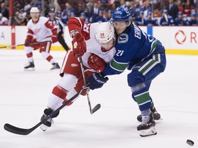 Loui Eriksson of the Canucks, right, has really pumped up his defensive value despite being originally signed by Vancouver to provide offence for his NHL squad.